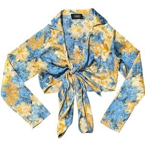 Cider Floral Crop Top Blouse Tie Front Long Sleeve Yellow Blue Cottagecore S